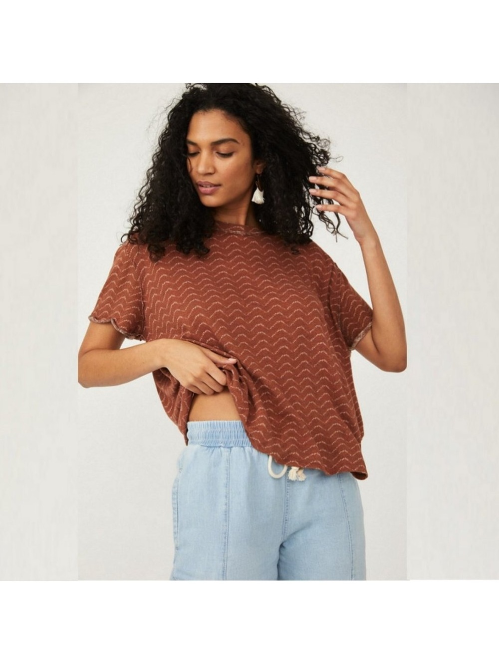 We The Free Linen Cotton Blend Slub Knit Top Rust Print M Indie Boho Free People
